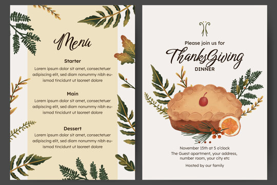 Thanksgiving dinner menu template with flower  autumn leaves and food illustration. menu card with pie and orange slice illustration.