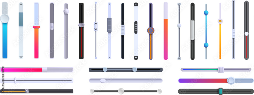 Poster scrollbar icons set. set of graphic user interface elements showing completion status using colorful
