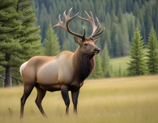 A large male elk with impressive antlers standing in a grassy field with a forested background