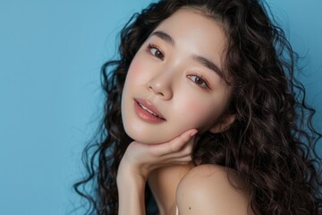 Naklejka premium Beautiful Asian beauty with long curly hair, Korean makeup, radiant complexion, healthy facial skin, portrait smile, looking at the mirror on an isolated blue background.