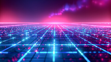 Cyan blue and purple grids neon glow light lines design on perspective floor, creativity, digital	