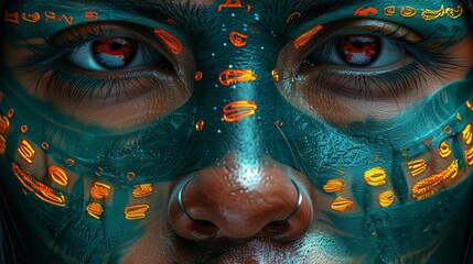Close-Up of Face With Teal and Orange Makeup