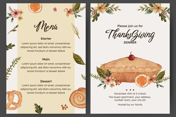 Thanksgiving dinner menu template with flower, autumn leaves and food illustration. menu card with pie, pretzel and orange slice illustration.