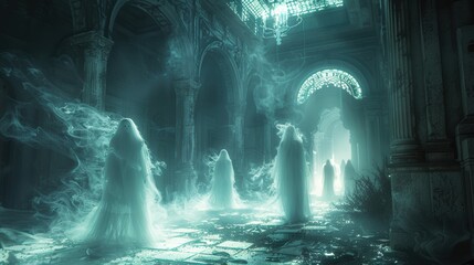 Ethereal ghosts haunt an abandoned, gothic church with eerie light illuminating the decrepit arches and spectral figures.