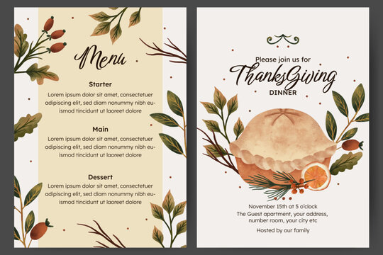 Thanksgiving dinner menu template with flower,  autumn leaves and food illustration. menu card with pie and berry illustration.