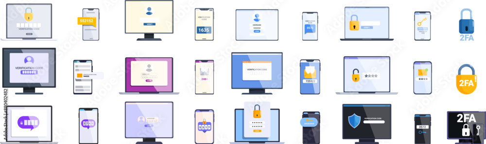 Poster 2fa icons set. collection of electronic devices showing different ways of performing two factor auth