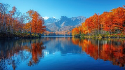 Obraz premium Scenic autumn landscape with vibrant foliage reflecting on a tranquil lake with majestic mountains in the background.