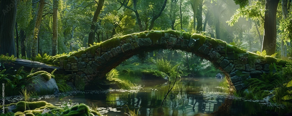 Sticker Tranquil moss-covered stone bridge in a woodland, 4K hyperrealistic photo