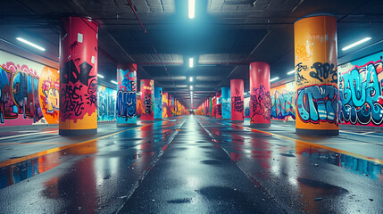 vibrant graffiti tags and murals in underground parking garage, colorful street art on pillars and walls, urban expression in modern setting