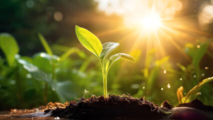 Young plant growing in the morning light and green nature