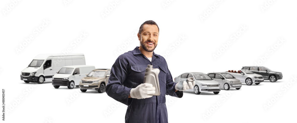 Sticker Car mechanic holding engine oil bottle in front of parked vehicle