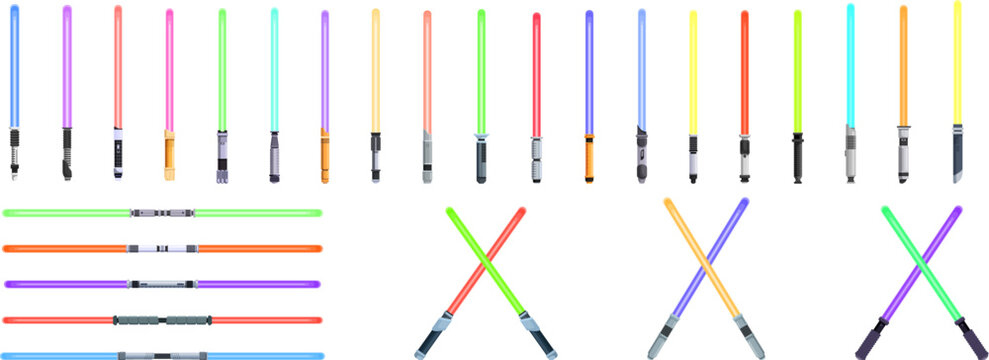 Light saber icons set. Set of colorful laser swords, some crossed, are isolated on a white background, suggesting futuristic combat and fantasy