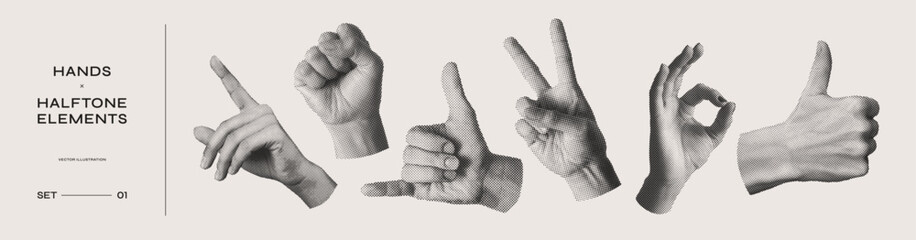 Large set of human hands with halftone effect. Monochrome image of hands in the form of popular gestures. Symbolic arrangement of fingers.