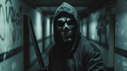 A menacing figure in a dark hoodie wearing a skull mask, holding a large knife in a dimly lit, graffiti-covered corridor. The scene is eerie and intimidating, conveying a sense of danger and horror.