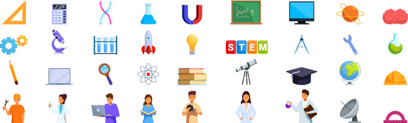 Stem education icons set. Scientists and engineers working using science and engineering equipment studying stem subjects © nsit0108