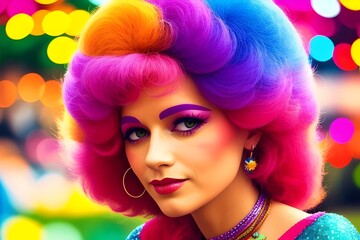 an image of a Colourful, 1970s closeup of a beautiful disco woman, 1970s fashion, retro, vintage, rainbow colors, stylish, retro hairstyle,  Beauty, Glamour, Funky, 