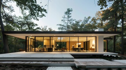 Obraz premium Modern Minimalist Glass House in Tranquil Forest Setting