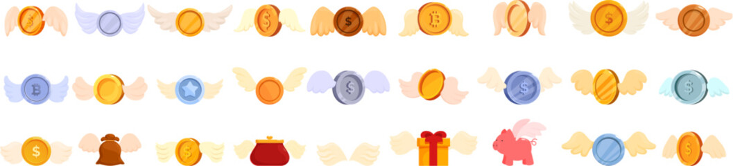 Coin wing icons set. Set of different gold, silver and bronze coins with wings flying away representing volatile market and financial instability