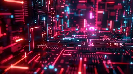 Abstract futuristic technology background with glowing circuit board pattern. High-tech digital design with neon lights.