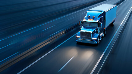 Autonomous driving tech, semi-truck on bridge, blue lines, flat design illustration