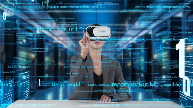 IT developer typing computer code for analyzing intelligent website development coder system data selection by VR innovation interface digital network technology visual hologram server. Contraption.