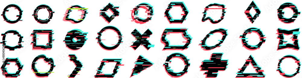 Poster circle glitch effect icons set. collection of geometric shapes is glitching with an rgb color shift 