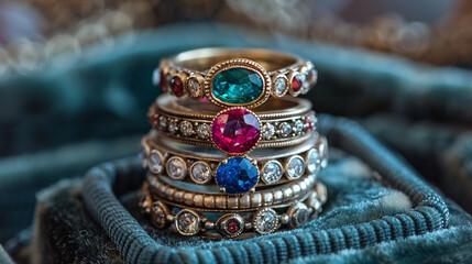 A stack of antique rings with various gemstones