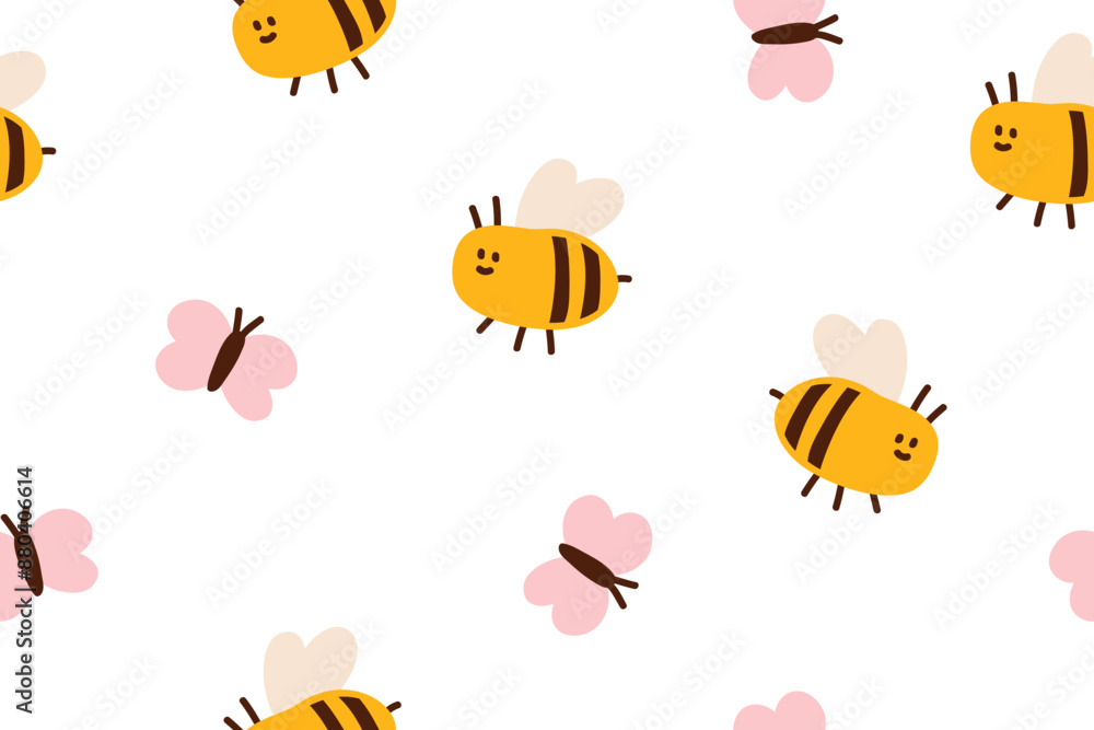 Poster Bee and butterfly, seamless pattern. Endless repeating print with cute insects. Childish design, summer background for fabric, wallpaper and wrapping. Funny flying bumblebees. Flat vector illustration