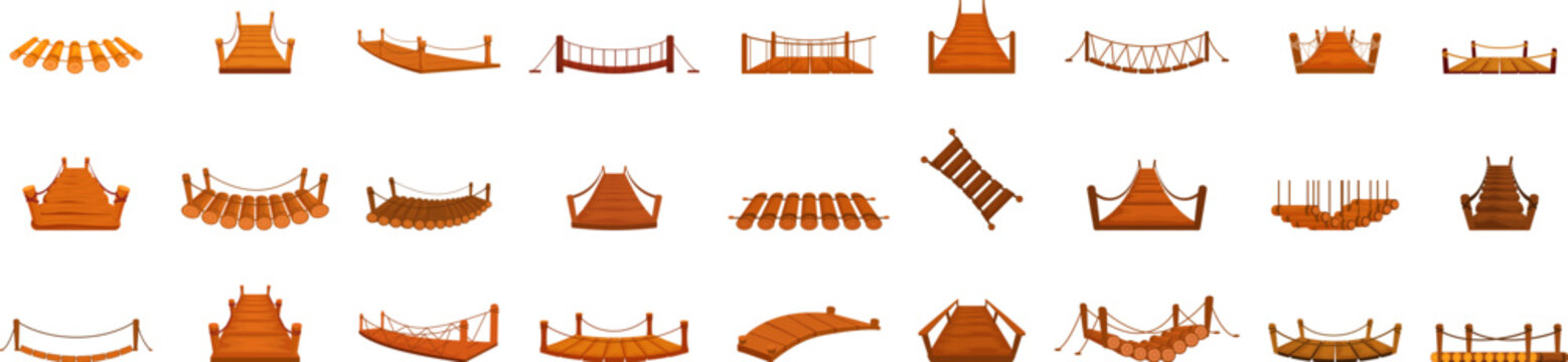Rope bridge icons set. Set of various wooden bridges connecting land over water, perfect for any project needing a rustic or natural feel