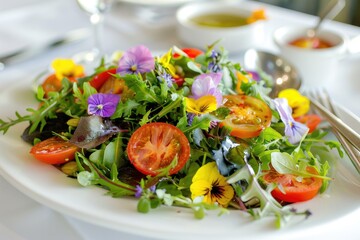 Colorful and Healthy Salad with Fresh Tomatoes and Edible Flowers