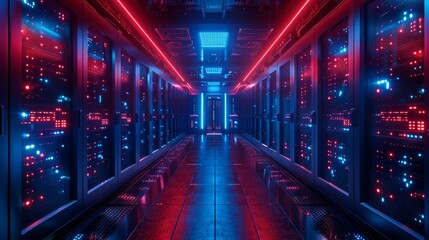 Futuristic Data Center with Neon Lights - Generative AI