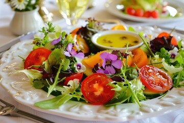 Colorful and Fresh Salad with Edible Flowers