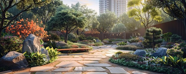 Fototapeta premium A tranquil garden oasis in the heart of a bustling city, with winding pathways and blooming flowers.