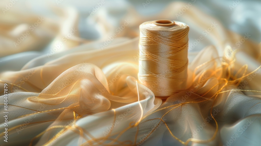 Poster a single spool of thread sitting on top of a white cloth
