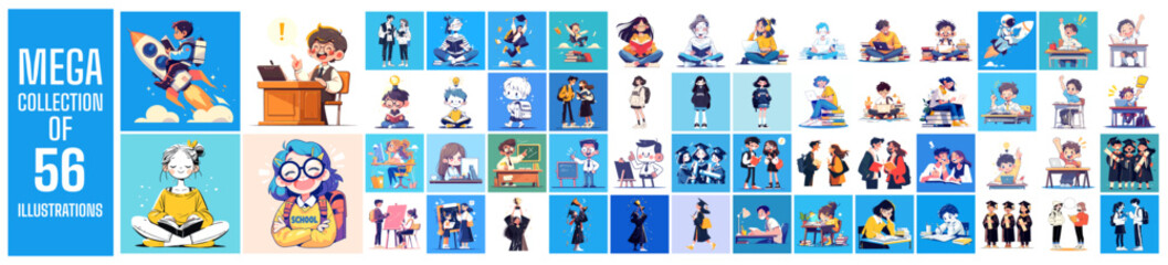 Concept illustrations with an Educational Theme. Used for social media marketing. A mega set featuring a collection of scenes with men and women engaged in various education activities. trendy vector.