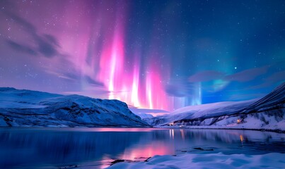 Northern Lights over a snow covered mountainous , Generative AI