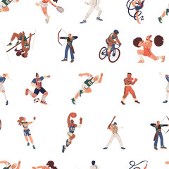 Endless seamless pattern with athletes. Summer international sports. Strong people achieving success. Vector illustration in flat style isolated on transparent background.