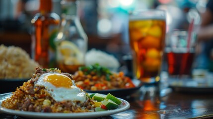 Delicious meal with fried egg, rice, and iced drinks.