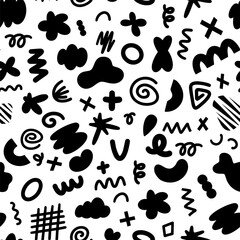 Endless seamless pattern with simple spots of various shapes. Hand drawn elements for design. Lettering in graffiti style. Vector illustration isolated on a transparent background.