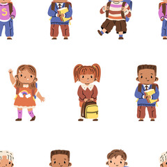 Endless seamless pattern with cute kids in elementary school. Children's characters with backpacks. Print for children's fabrics and wrapping paper. Vector illustration on a transparent background.