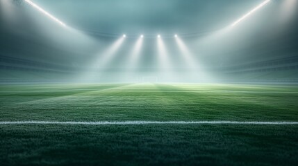 Empty football stadium illuminated by spotlights, dramatic and atmospheric sports background.