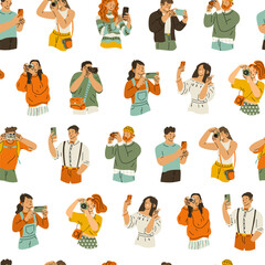 Endless seamless pattern with photographers. People taking photos or video recordings with a camera or phone. Print for photographic equipment stores or bloggers creating content. Vector illustration.