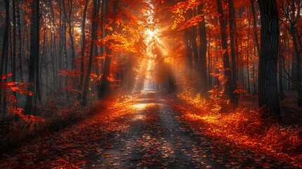 Fototapeta premium Enchanting Autumn Forest with Sunbeams - Generative AI