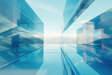 Fototapeta premium Futuristic blue glass architecture with reflections of sky and clouds. Modern, abstract background. Concept of future, technology, and design