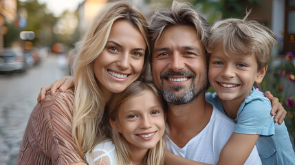 Happy smiling parents with kids on in a street