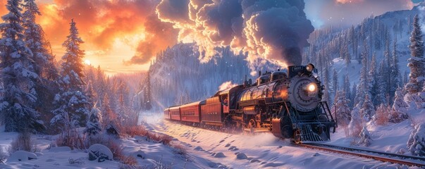 A steam locomotive chugging through a snow-covered winter landscape, its whistle piercing the crisp air as it carries passengers through the frozen wonderland.
