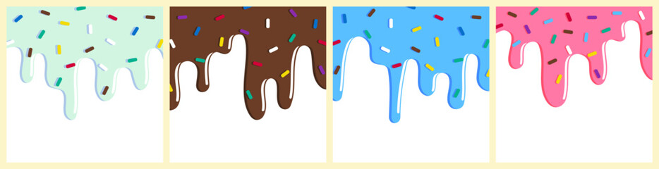set of dripping delicious pink, blue and chocolate doughnut vector seamless glaze. Sweet dessert background illustration