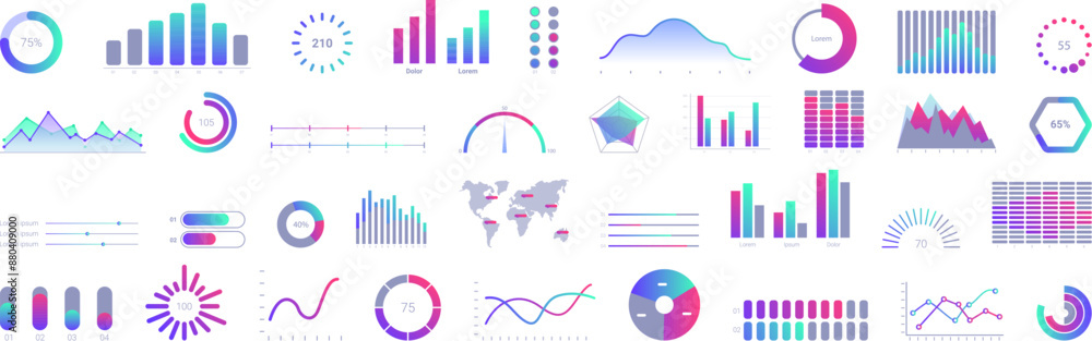 Poster minimal graph ui icons set. set of colorful charts and graphs is representing positive business data