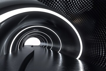 Futuristic metallic tunnel with glowing neon lights, a concept for technology, speed, and the future.