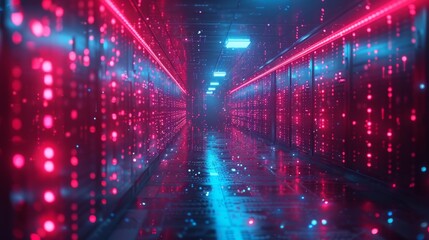 Futuristic Data Center Corridor with Red and Blue Lights - Generative AI